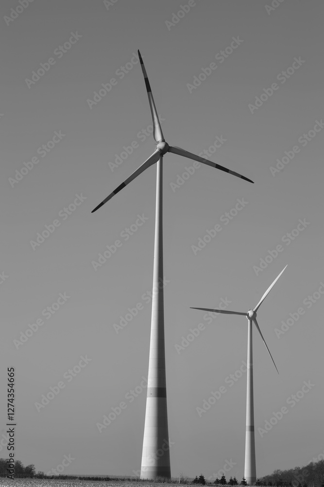 Fototapeta premium Wind farm with wind turbines or wind mills provide renewable electricity, black and white picture