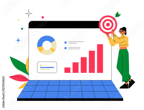 Female Analyst Reviewing Business Growth Chart In Flat Vector Illustration Symbolizing Data Analysis, Performance Tracking, And Financial Success, Isolated On White Background
