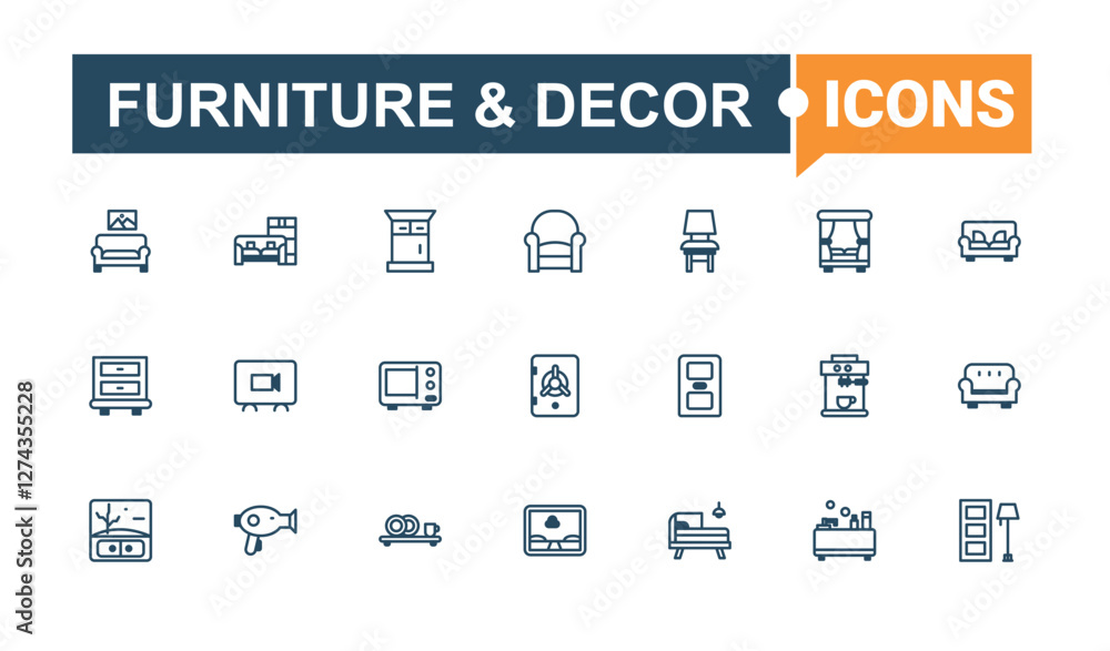 Furniture & Decor icons set in linear style. It contains symbols to kitchen, bed, table, shower, furnishing, fireplace, cabinet and more. Outline icon collection. Solid line editable stroke. Furniture & Decor icons set in linear style. It contains symbols to kitchen, bed, table, shower, furnishing, fireplace, cabinet and more. Outline icon collection. Solid line editable stroke.