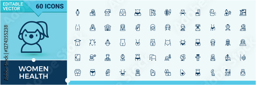 Women Health collection. It contains symbols to breast, body, face, veg, style, surgery, medical, and. Icons for design. Editable vector outline and solid icons.