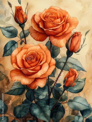Vibrant orange roses in full bloom surrounded by green leaves, set against a soft pastel background