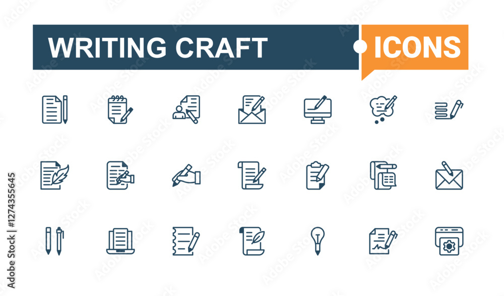 Writing Craft isolated icon set. Contains related to dictionary, typing, idea, book, textbook and more. Pixel perfect. Vector line and solid icons. Writing Craft isolated icon set. Contains related to dictionary, typing, idea, book, textbook and more. Pixel perfect. Vector line and solid icons.