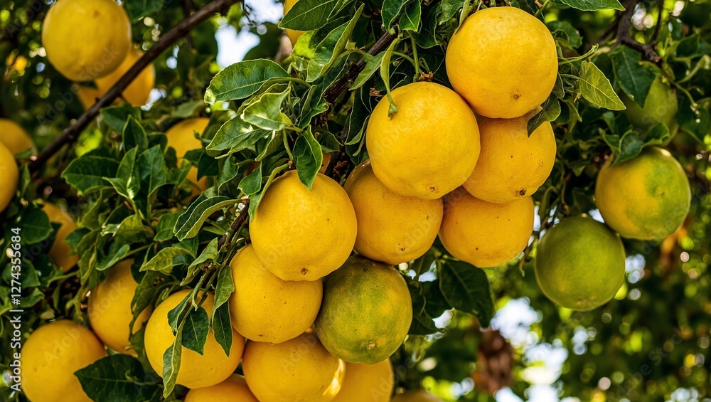 Vibrant yellow lemons on sunlit tree with lush green leaves Vibrant yellow lemons on sunlit tree with lush green leaves