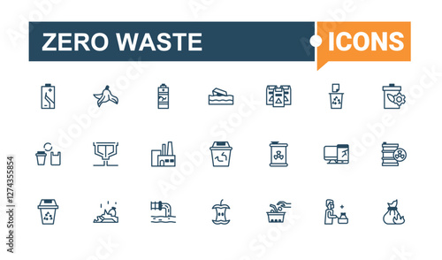 Zero Wasting icons set. Contains such icons as cycle, trash, green, less, recycle, bottle, eco and more. Simple icon designs. Solid line editable stroke.