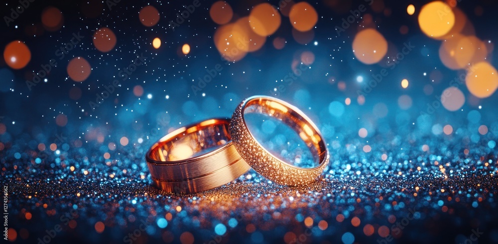 Golden wedding rings sparkle, romantic bokeh Golden wedding rings sparkle, romantic bokeh