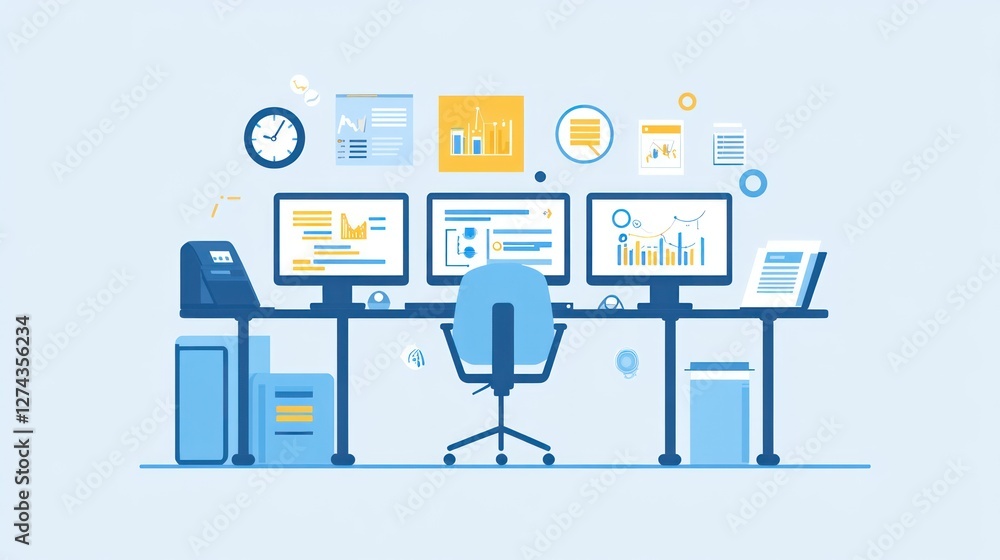 Modern office workspace with computers and reports. Illustration for productivity, work, and technology Modern office workspace with computers and reports. Illustration for productivity, work, and technology