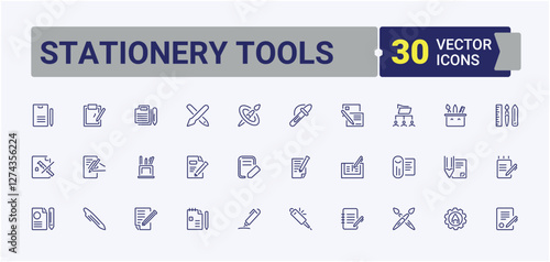 Set of Stationery Tools line icons. Includes icons for draw, edit, note, write, pen, paint, art, marker. Icons for design. Editable stroke. Vector illustration.