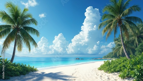 Idyllic tropical beach illustration with palm trees  white sand  turquoise sea under blue sky. Landscape evokes paradise vacation mood  relaxation  nature escape. Seascape tranquil oceanfront