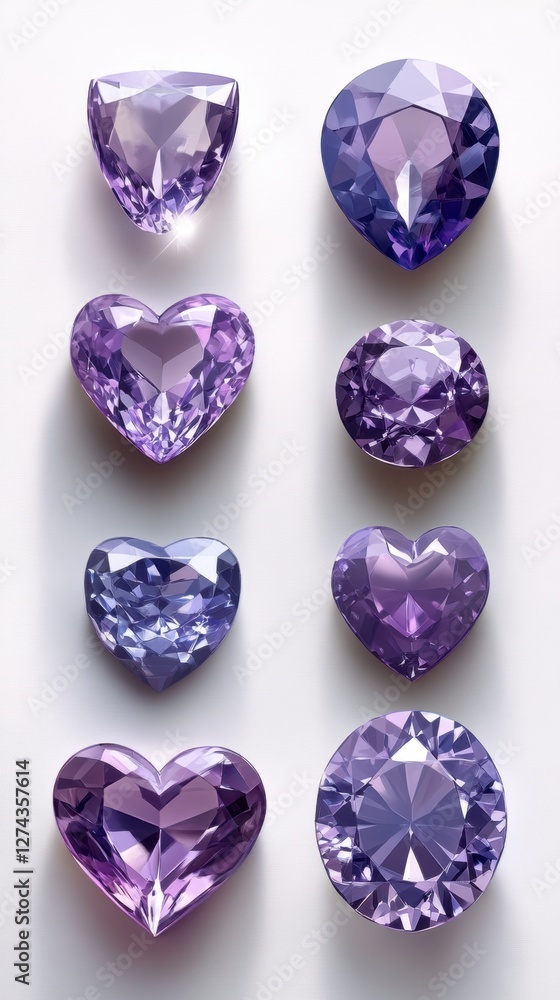 Fototapeta premium Exquisite array of amethyst gemstones in various cuts and shapes on a pristine white background showcasing facets and brilliance