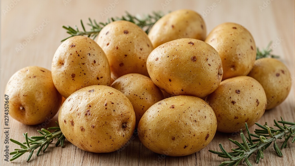 Fresh golden baby potatoes with rosemary on wooden surface Fresh golden baby potatoes with rosemary on wooden surface
