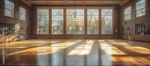 Wallpaper Mural Sunlit hardwood floor gymnasium interior with large windows. Torontodigital.ca