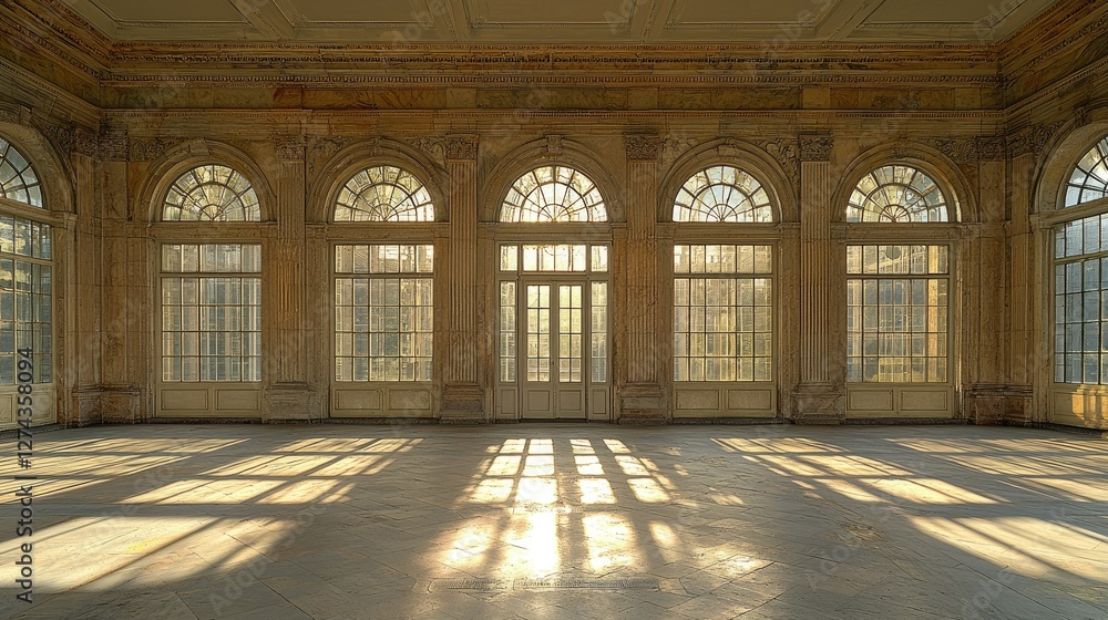 Fototapeta premium Sunlit Grand Hall with Arched Windows and Elegant Design