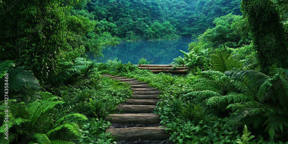 Rainforest Lake with Wooden Staircase and Vegetation Rainforest Lake with Wooden Staircase and Vegetation