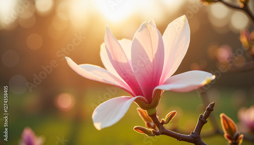 Close-up of a single magnolia bloom gently opening in soft ambient evening light, blurred garden background, symbol of beauty and renewal.