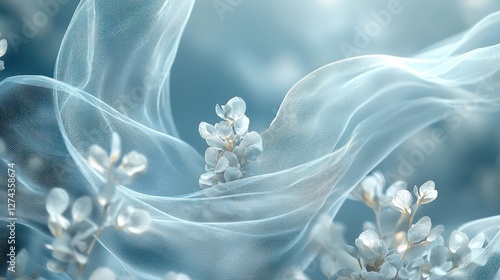 Ethereal white flowers enveloped in delicate, flowing fabric against a soft blue background