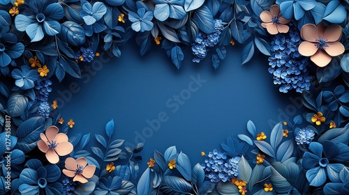 A vibrant floral arrangement featuring blue leaves and flowers, set against a deep blue background