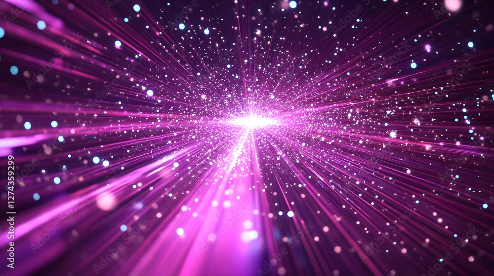 Fototapeta premium Particle stream. Purple background with many glowing particles. Information technology background. 3d rendering