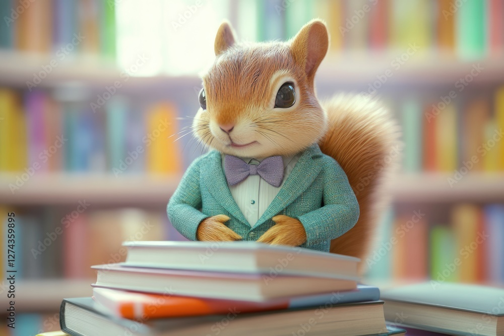 A dapper squirrel in a teal suit sits atop a stack of books in a library, radiating intelligence and charm. A dapper squirrel in a teal suit sits atop a stack of books in a library, radiating intelligence and charm.