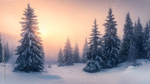 Wallpaper Mural Pine trees are covered with snow on a frosty evening. Beautiful winter panorama. Pine trees in winter landscape at sunset Torontodigital.ca