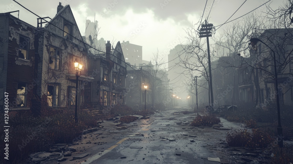 Naklejka premium Abandoned Decaying City Street with Ruined Buildings and Fog