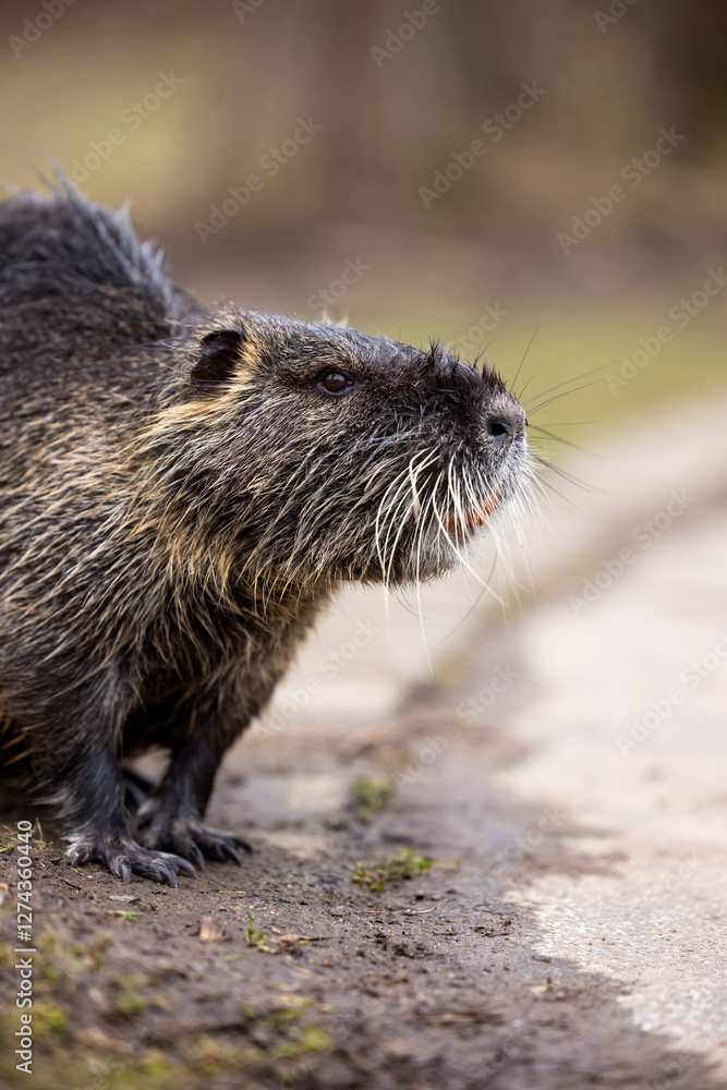A nutria or coypu (Myocastor coypus) stands on the bank of a pond A nutria or coypu (Myocastor coypus) stands on the bank of a pond