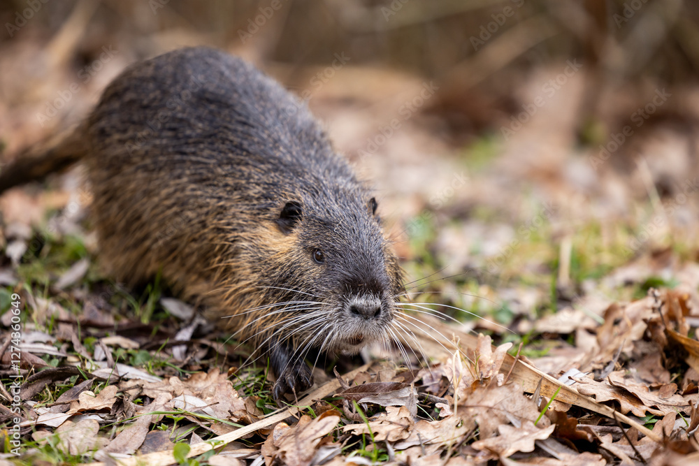 A nutria or coypu (Myocastor coypus) walks on a meadow with foliage A nutria or coypu (Myocastor coypus) walks on a meadow with foliage
