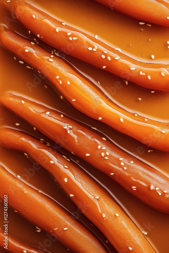 Top view of caramelized carrots glazed in honey, on a monochromatic orange surface. Glossy glaze with sesame seeds.