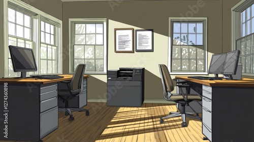 Sunny office, two desks, printer, windows, workday