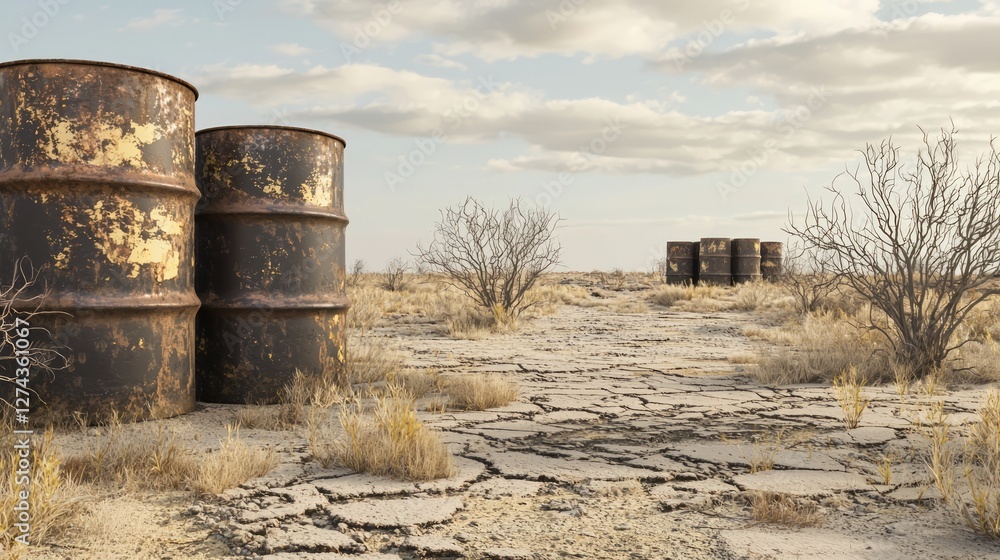 Abandoned Toxic Waste Site with Large Barrels in a Dry Landscape Abandoned Toxic Waste Site with Large Barrels in a Dry Landscape