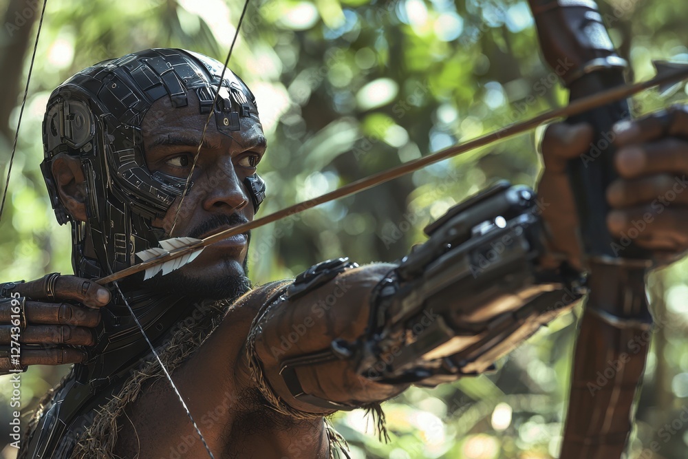 Naklejka premium A powerful close up of a futuristic archer in a dense green forest environment, showcasing advanced technology and traditional hunting skills with a intense focus.