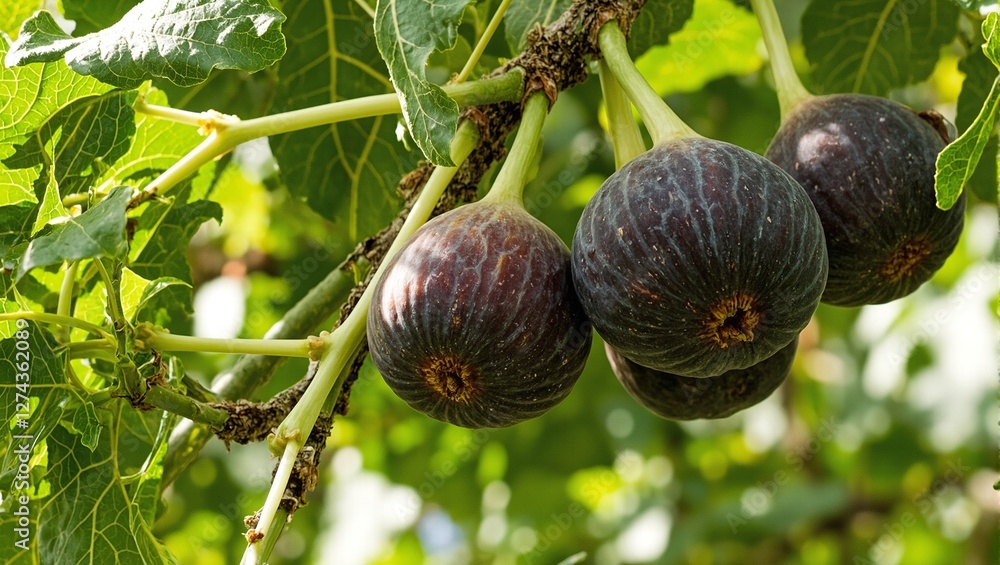 Fototapeta premium Ripe figs on tree with wrinkled purple skin and green leaves