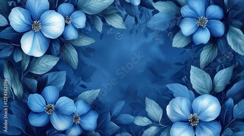 A vibrant blue floral border featuring delicate flowers and lush leaves against a soft blue background