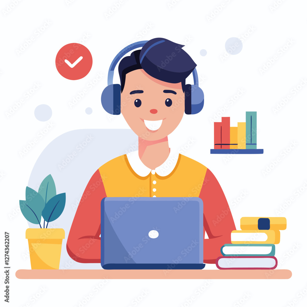 man in headphones, studying at laptop. Happy female student watching business webinar. Video conference call, remote work communication. Flat vector illustration isolated on white background man in headphones, studying at laptop. Happy female student watching business webinar. Video conference call, remote work communication. Flat vector illustration isolated on white background
