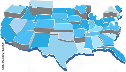 Colorful vector illustration of a 3D map of the United States