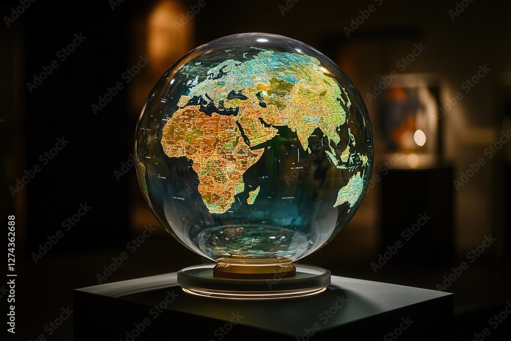 A global economic map displayed on a transparent holographic globe . A glass globe displaying a detailed map of the world, showcasing continents and oceans in vibrant colors. A global economic map displayed on a transparent holographic globe . A glass globe displaying a detailed map of the world, showcasing continents and oceans in vibrant colors.