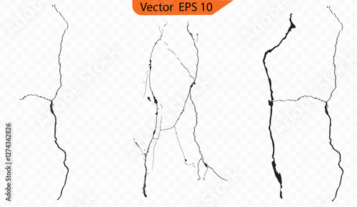 Surface Crack Vector Set – Realistic Ground and Concrete Fissures, Earthquake Damage, and Broken Wall or Glass Pattern Isolated on White Background