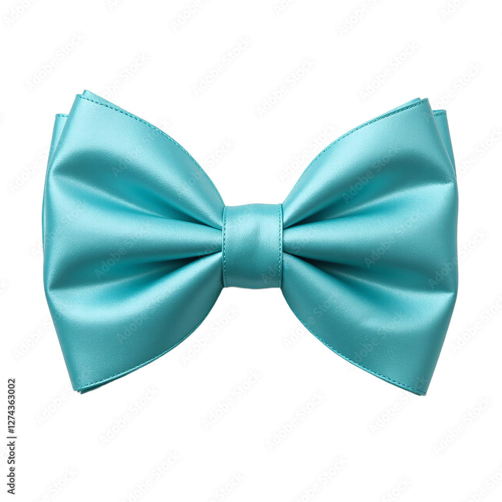 Teal satin bowtie ribbon with glossy finish on white backdrop Teal satin bowtie ribbon with glossy finish on white backdrop