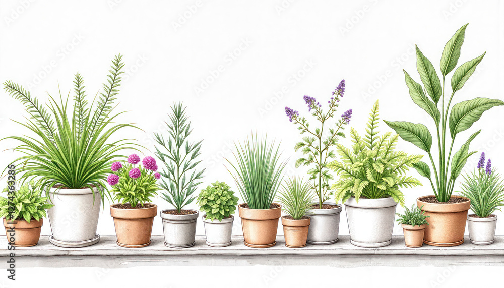 Botanical illustration of various potted plants arranged on a shelf Botanical illustration of various potted plants arranged on a shelf