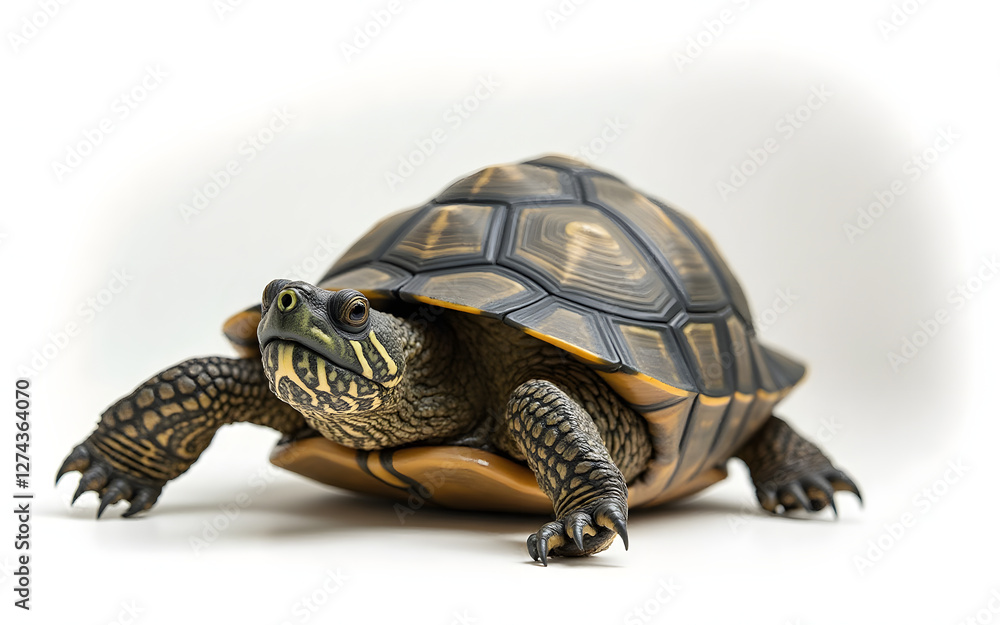 Naklejka premium Turtle in a terrarium displaying curiosity against a white background, terrariums with turtles