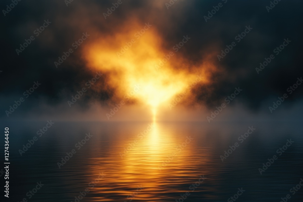 Fiery sunset through dark clouds reflected on calm water, creating a dramatic and serene scene. Fiery sunset through dark clouds reflected on calm water, creating a dramatic and serene scene.