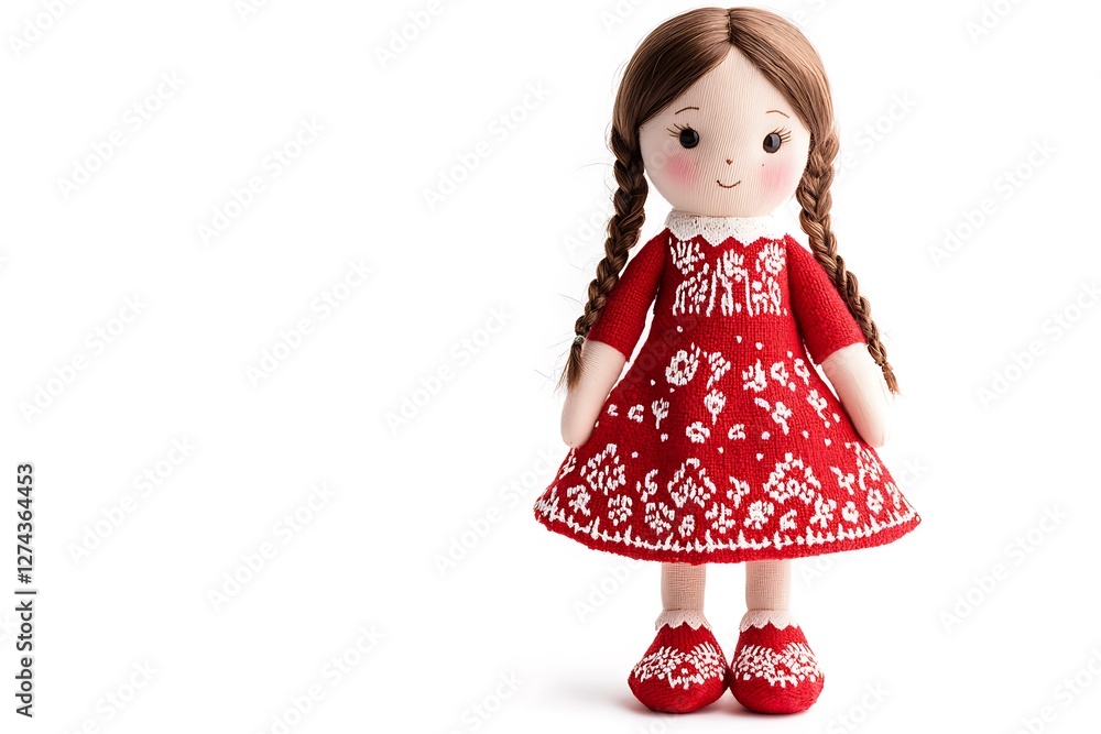 Adorable handmade doll in a red embroidered dress, perfect for children's room decor. Adorable handmade doll in a red embroidered dress, perfect for children's room decor.
