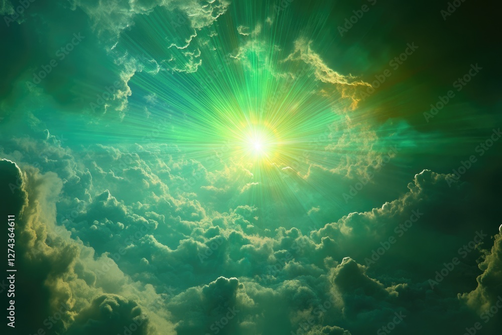 Fototapeta premium Radiant green sunburst erupts through dramatic cloudscape, celestial, divine light.