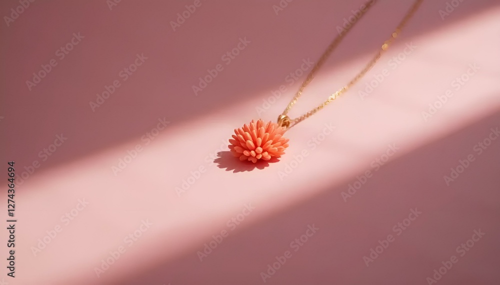 Charming coral pendant necklace, playful design, showcasing beauty, soft pink background Charming coral pendant necklace, playful design, showcasing beauty, soft pink background