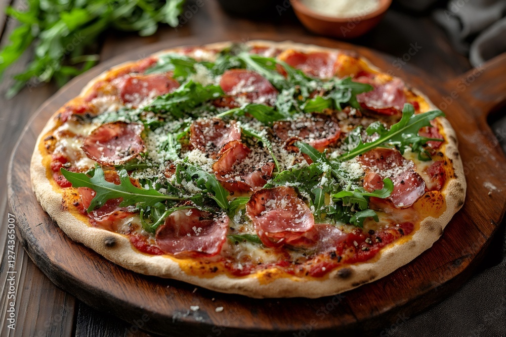Round pizza with tomato, mozzarella, speck, arugula and parmesan cheese on a wooden board, resting on a dark wooden table Round pizza with tomato, mozzarella, speck, arugula and parmesan cheese on a wooden board, resting on a dark wooden table