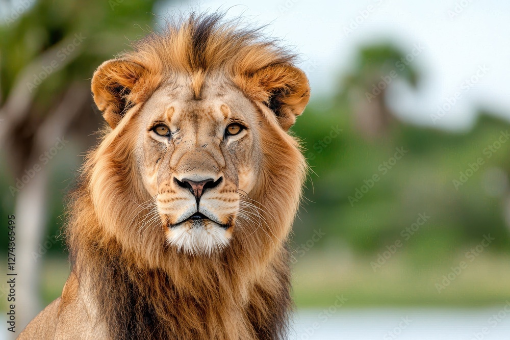 Obraz premium Intense gaze of a lion african safari wildlife close-up natural habitat eye-level view safari adventure