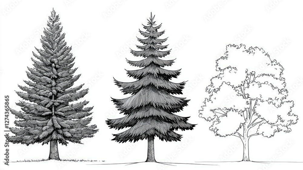Fototapeta premium Three Detailed Drawings of Coniferous and Deciduous Trees
