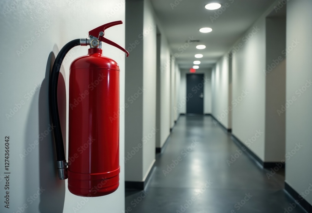 Obraz premium Red fire extinguisher in empty modern corridor with grey doors and white walls
