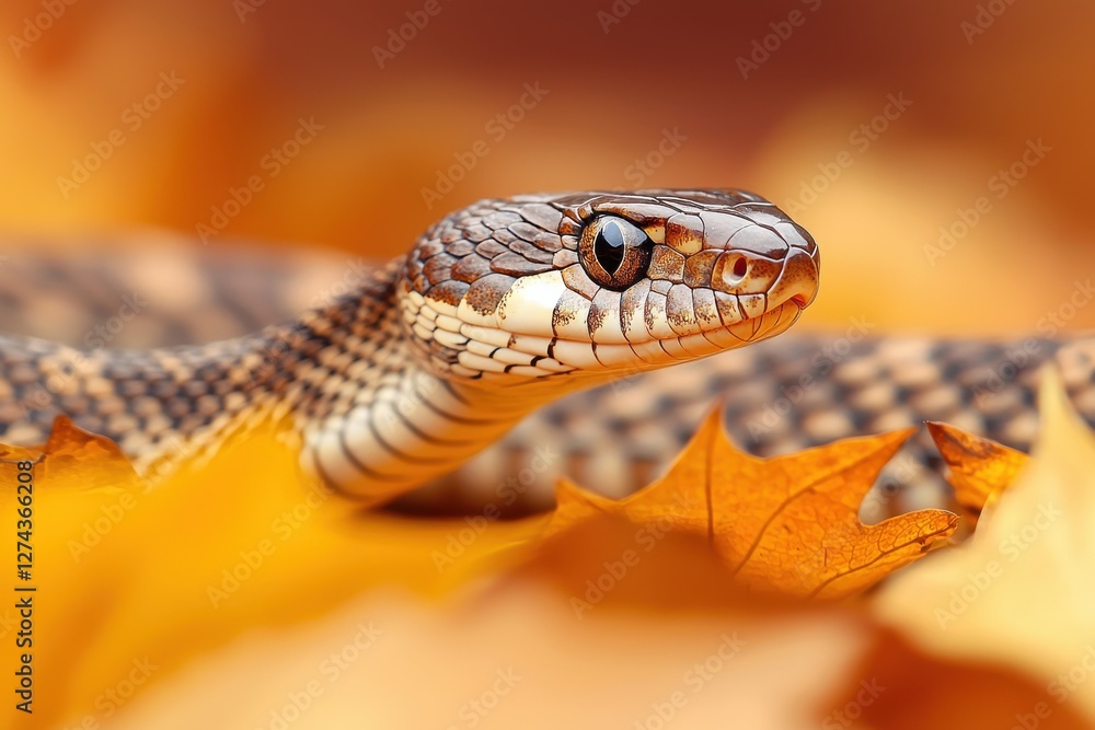 Fototapeta premium Dramatic closeup of a snake slithering through autumn leaves wildlife safari macro photography natural habitat ground level wildlife