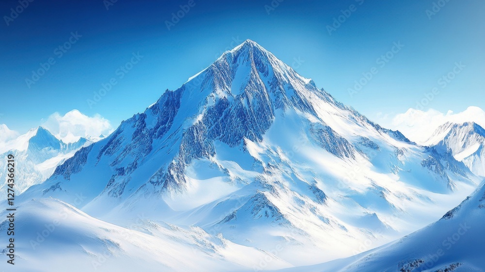 Majestic snow capped mountain peak under clear blue sky winter landscape panoramic view cold weather scenic beauty natural wonder serene atmosphere Majestic snow capped mountain peak under clear blue sky winter landscape panoramic view cold weather scenic beauty natural wonder serene atmosphere