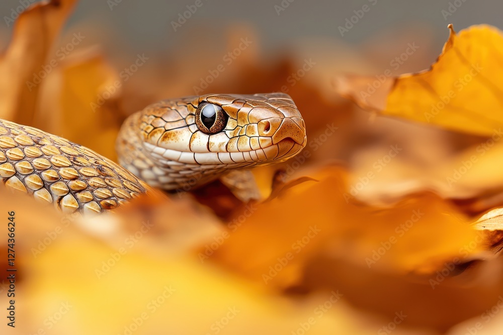 Obraz premium Dramatic closeup of a snake slithering through autumn leaves wildlife safari scene macro photography nature environment intimate viewpoint